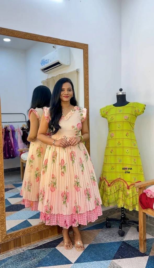 Palak Floral Ruffle Maxi Gown- Rose Pink